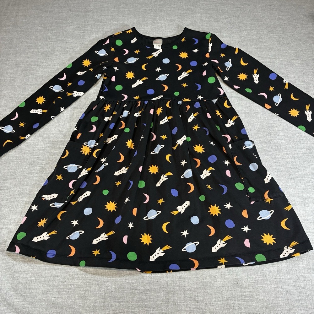 Hanna Andersson Black Space Twirl Dress Rocket, Planets, Stars Girls size 12